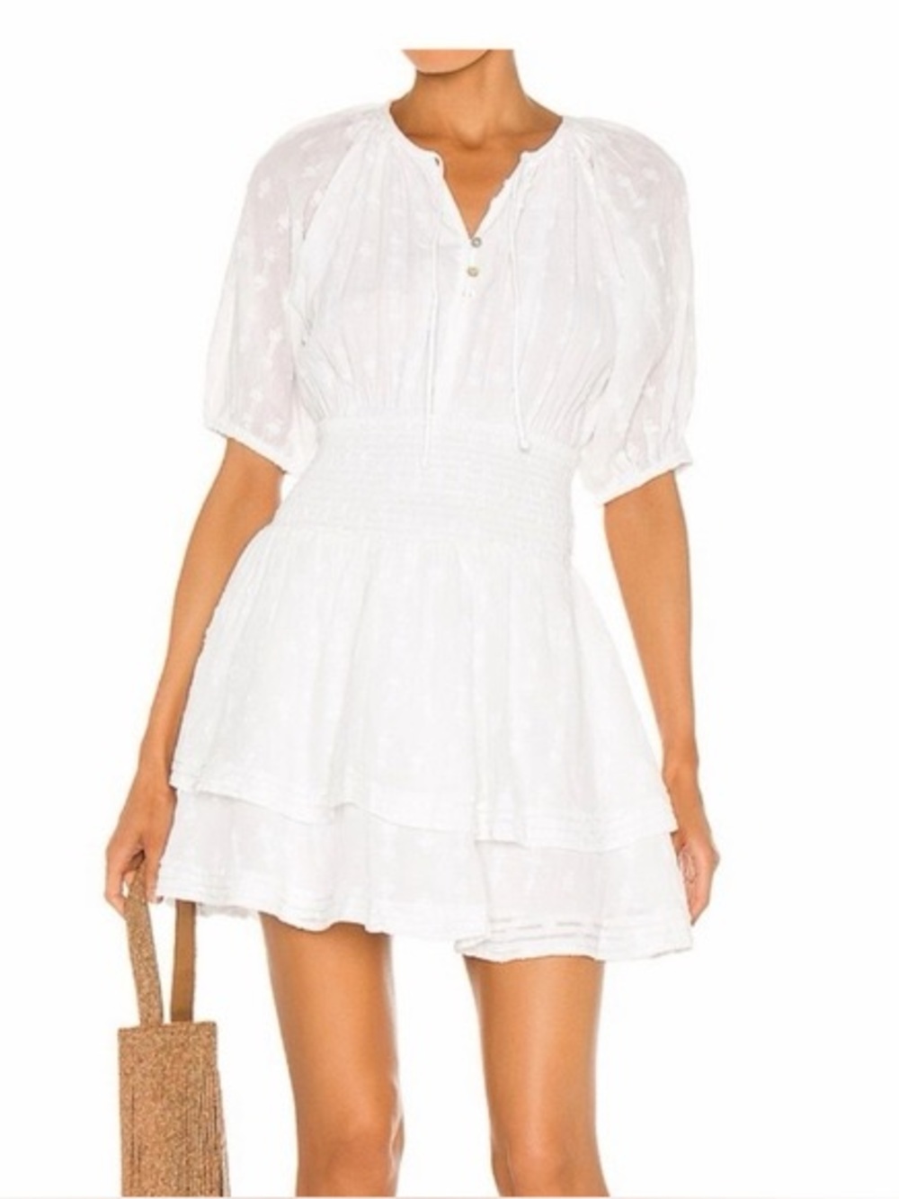 Cleobella White Short Tiered Smocked-Waist Mini Dress XS